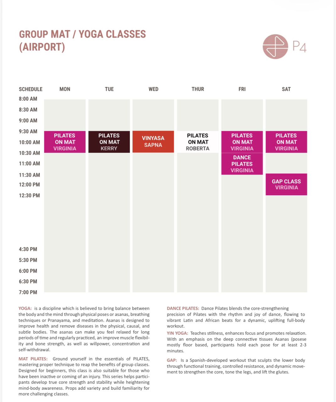 Scheduled calendar for Mat and Yoga classes